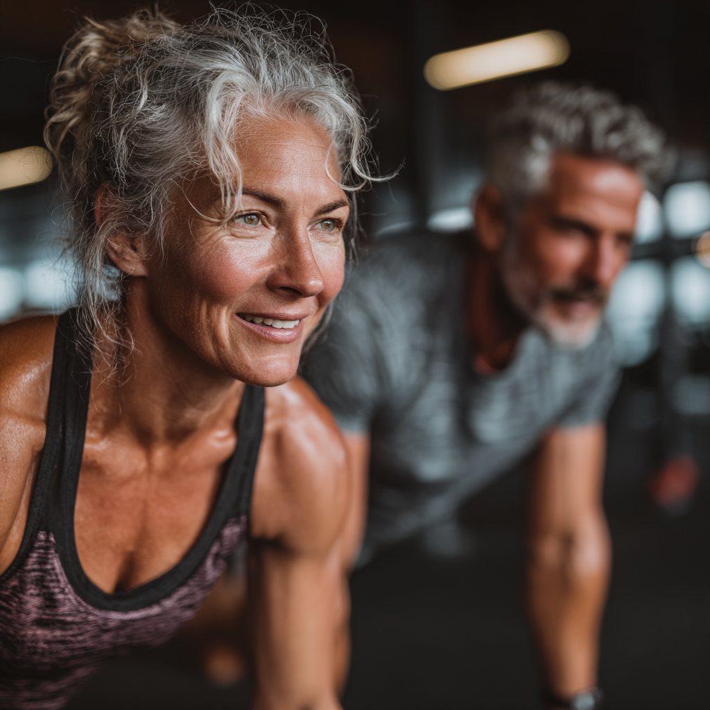 Active middle-aged woman and man enjoying energetic workout session together demonstrating strength and endurance training