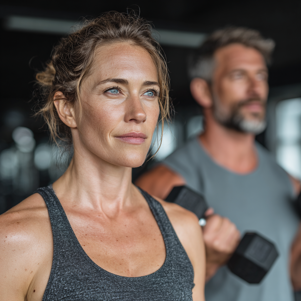 Fit woman and man in their 40s doing strength training together in modern gym with determination and focus