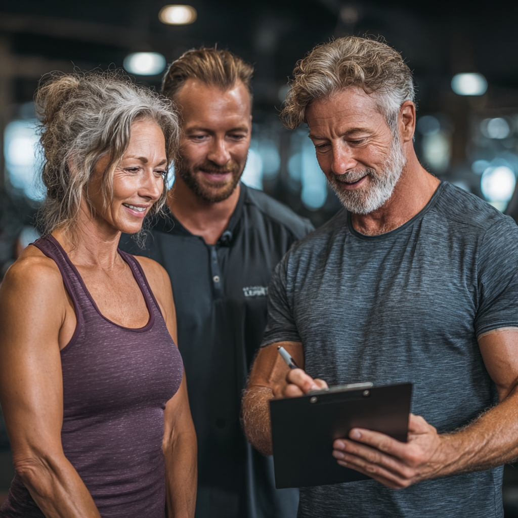 Professional fitness trainer working with mature couple in their 50s creating personalized workout plan in modern fitness studio
